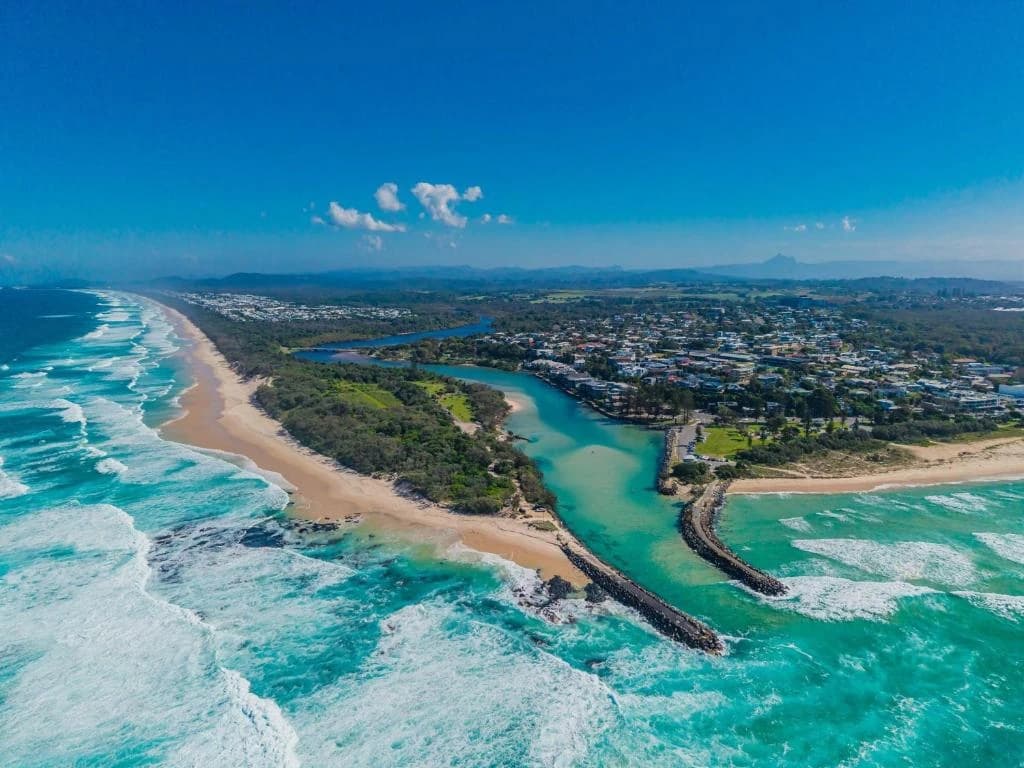 Aerial view of Cudgen Creek, Kingscliff and the Tweed Coast beaches